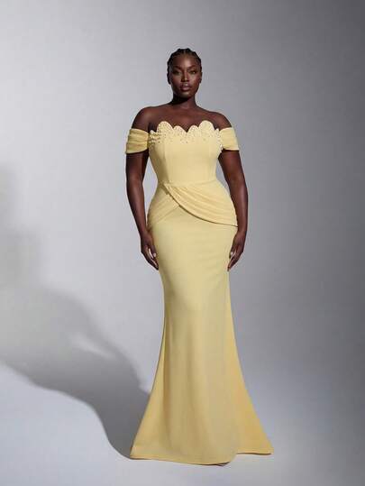 Elitara 大码优雅浪漫不对称领口露肩褶皱腰身鱼尾连衣裙，适合婚礼、派对、庆典和正式场合，新娘和伴娘均可穿着。