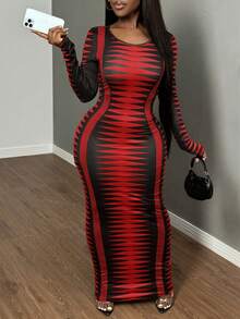 SHEIN SXY Gaun Maxi Bodycon Motif Abstrak untuk Wanita Ukuran Plus - Merah - View 1