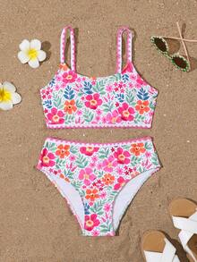 Tween Girls' Ditsy Floral Shoulder Strap Ruffle Trim Tankini Swimwear Set - Hot Pink - View 5