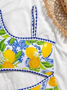 Tween Girls' One-Piece Swimsuit, Lemon Print One Shoulder Swimwear - Yellow - View 6