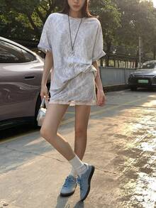 DAZY 女款蕾絲拼接白色迷你裙，高腰百搭夏季兩件套居家休閒短套裝，適合學校穿著 - 灰色 - 查看 5