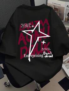 Manfinity Dauomo 男士美式街头复古涂鸦字母星形印花T恤，夏季宽松休闲短袖上衣 - 黑色 - 查看 3