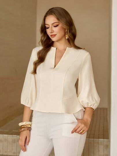 Roveilla Plusstorlek Dam Vår/Sommar Fransk Elegant Lyxig Minimalistisk Design Casual Semester Arbetskläder Vintage Bekväm Enfärgad V-ringad Midja Åtsittande A-linjeformad Fåll Kortärmad Blus