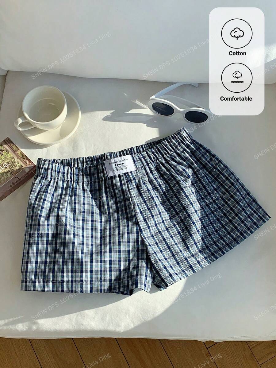 Comfortcana Hàng mới về 2026: Quần short nữ cơ bản kẻ caro thời trang xuân/hè, quần short đi biển mùa hè cho nữ, quần short thoải mái kiểu thập niên 2000, quần short mùa hè kẻ sọc. - Màu xanh lam - Xem 1