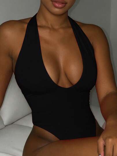 INAWLY Women's Solid Deep V-Neck Black Halter Bodysuit , Casual Vacation