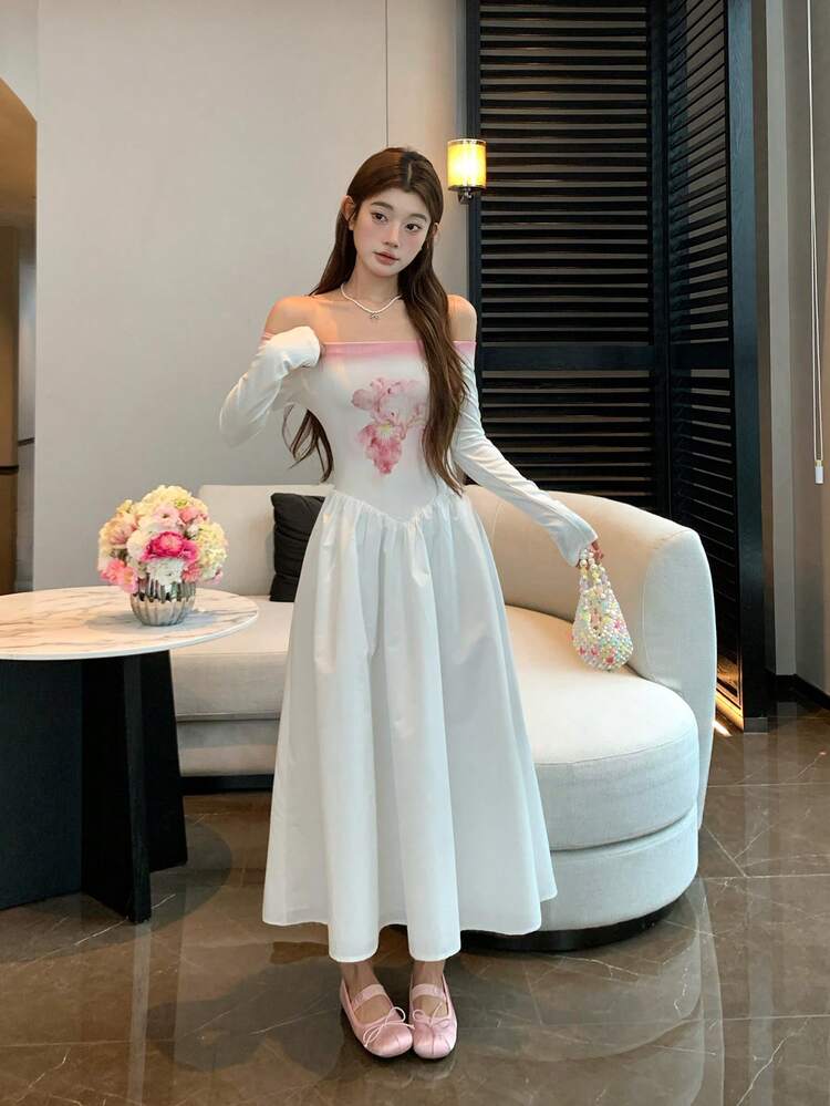 Women's Off Shoulder Ombre Floral Print Long Sleeve Maxi Dress, Korean Style Sundress