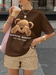 Set de 2 piezas de camiseta de manga corta con cuello redondo y estampado de moño, y shorts a rayas, para mujer, de estilo casual de verano - Café integral - Ver 7