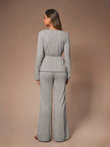 SHEIN Women's V-Neck Criss-Cross Tie Long Sleeve Flared Leg Pajama Set, Autumn/Winter - Grey - View 2
