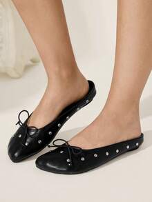 CUCCOO CHICEST Dép lê nữ kiểu mule, mũi tròn, đế bằng, phong cách Pháp, có nơ trang trí, thích hợp cho mùa hè. - màu đen - Xem 5