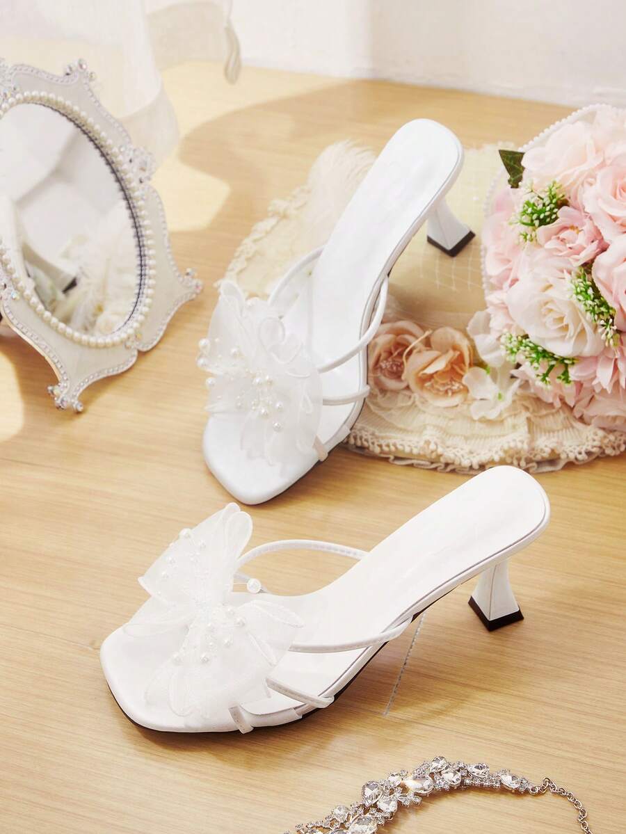 CUCCOO HITCHD Women Shoes Summer Hit Word With Bow Square Head Stiletto Sweet Fairy Style White Slippers Outside - White - View 1