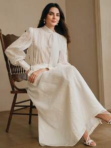 Anewsta Spring New Design Hollow Embroidery Solid Color Ribbon Long Sleeve Blouse For Women - White - View 7
