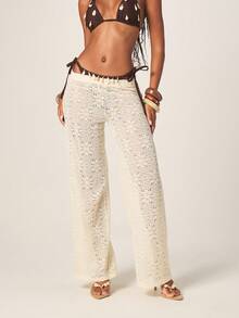 MISSGUIDED Crochet Lace Wide Leg Palazzo Pants High Rise Beach Cover Up Casual Summer Vacation Loose Fit Boho Style Pants - Apricot - View 2