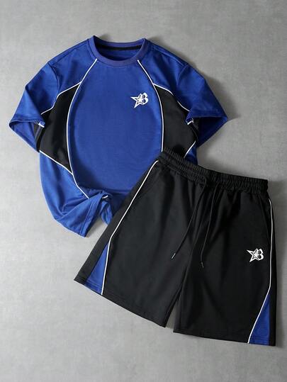 PAVTROS Men's Casual Color-Blocked T-Shirt And Shorts Set, Summer, Y2K, Holiday, Retro, Boys' Street Style New Year, Blue And White Reflective Striped Color-Blocked Crew Neck T-Shirt Set.,Valentine's Day,Spring To Summer,Gift For My Boyfriend,Mardi Gras,Vintage,Streetwear,Party,St Patrick's Day,Going Out