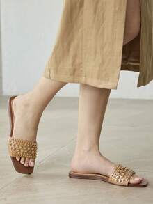 MOTF PREMIUM WOMEN'S FASHION STREET STYLE RIVET SQUARE TOE FLAT SANDALS SPRING SHOES SUMMER SHOES - Khaki - View 9