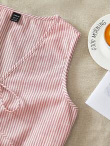 SHEIN VCAY 两件套女士休闲条纹编织图案露脐上衣和高腰宽松短裤套装 - 紅白色 - 查看 5