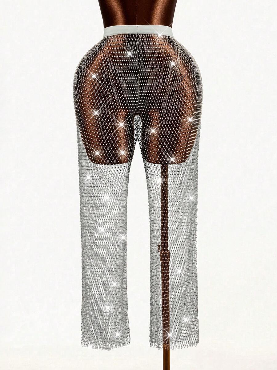 Mistrie Pantalones casuales y versátiles de uso diario con detalles de strass para mujer - Plateado - Ver 1