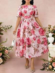 SHEIN Lady Women's Elegant Floral Print Round Neck Waist Cinched Midi Dress, Summer - Multicolor - View 3