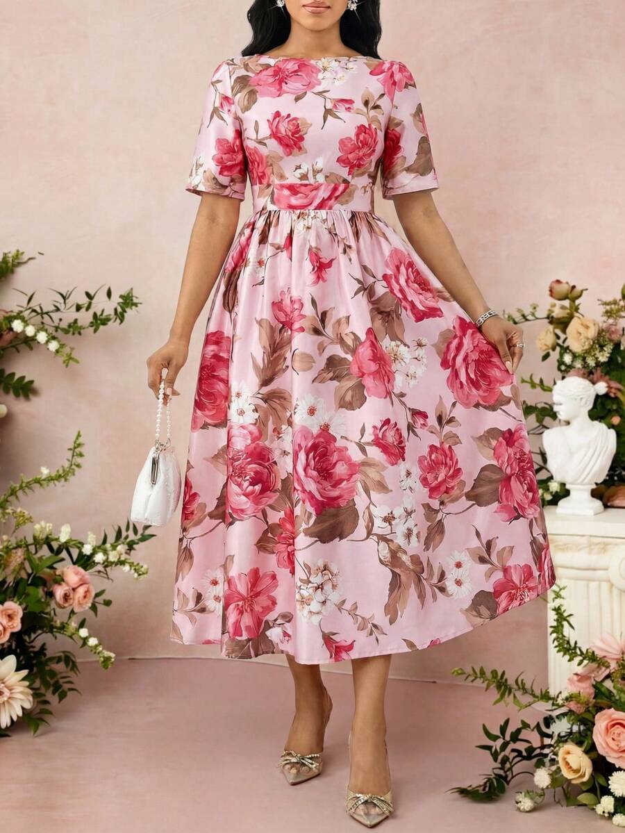 SHEIN Lady 女士优雅印花圆领收腰中长连衣裙，夏季 - 彩色 - 查看 1