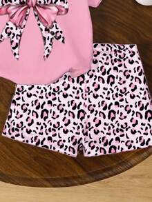 2pcs/Set Baby Girls Pink Summer Casual Cute Vacation Outfit,Toddler Heart Bow Cartoon Knit Round Neck Short Sleeve Top,Leopard Print Shorts Clothing - Multicolor - View 5