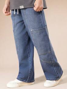 SUMWON Pantalones vaqueros cargo de pierna ancha para niños con bolsillos laterales grandes y ajuste relajado para uso casual diario - Azul lavado oscuro - Ver 1