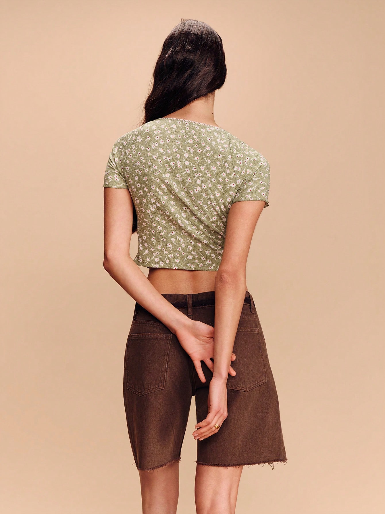 Women's Summer Casual Vacation Ditsy Floral Ruched Chest Fitted Cropped T-Shirt Mint Green Top Spring Summer Vacation French Style Parisian Style