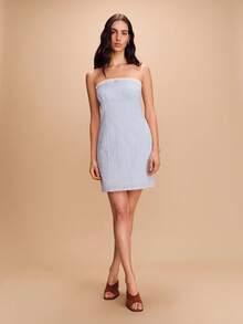 lacRébo Strapless Blue Gingham Mini Dress With Lace Detail Spring Summer Vacation French Style Parisian Style Resort Outfit Holiday Dress Going Out - Blue - View 6