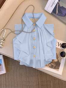 SHEIN Ladiora Sleeveless Ruffle Neck Women Camisole - Baby Blue - View 1