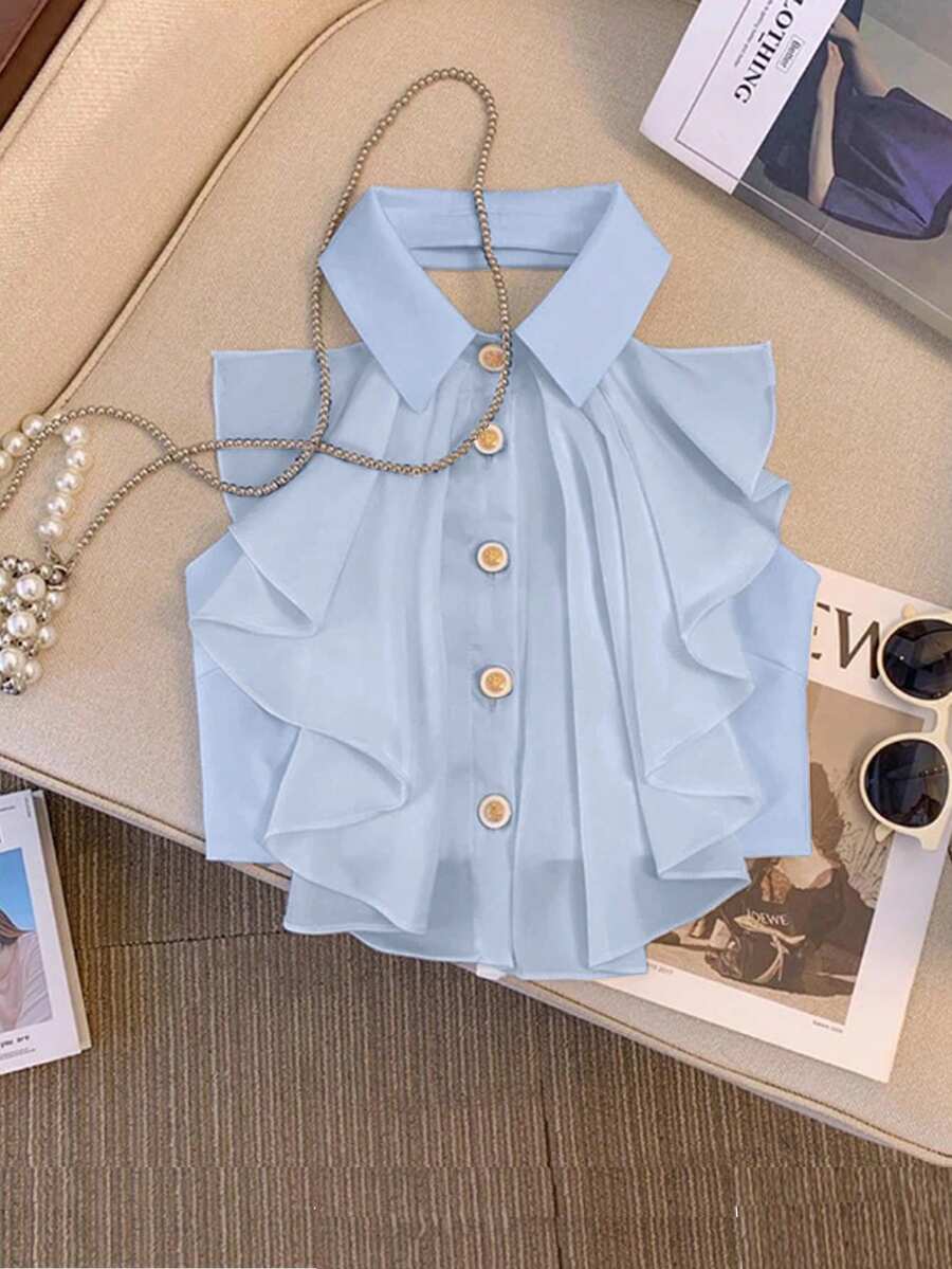 SHEIN Ladiora Sleeveless Ruffle Neck Women Camisole - Baby Blue - View 1