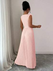 Elenzga 夏季V领收腰连衣裙，饰有3D立体花朵贴花，优雅A字裙摆，褶裥细节，粉色 - 粉色 - 查看 2