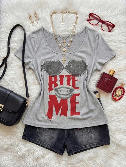 Glimmora 2026 Women's Y2K Millennial Retro Gothic Print T-Shirt - "Bite Me" Red Lettering And Vampire Fang Lips Sunglasses Print - Short-Sleeve Casual Summer Street Style T-Shirt Top