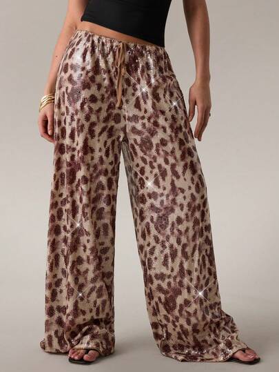 SHEIN BAE Women's Brown Leopard Print Sequin Low Waist Loose Wide Leg Pants, Suitable For Summer/Beach/Music Festival/Italy Vacation/Casual Holiday/Island Vacation/Honeymoon/Festival/Party/Nightclub/Outing