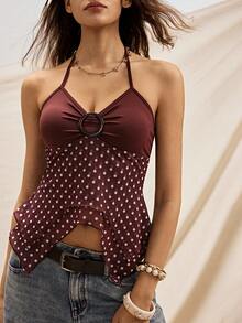 Easelle Deep Brown Knit Camisole With  Print Panels For Women Summer Festival Party Y2k Tops Polka Dot Brown Irregular Cutting Design Of Mesh Hanging Neck - Multicolor - View 4