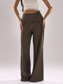 SHEIN BAE 女士棕色纯色斜纹不对称系带低腰简约长裤，适合通勤、休闲、时尚外出、复古风、办公穿着、深棕色长裤、法国南部度假、夏季穿着以及多种场合。 - 棕色 - 查看 5