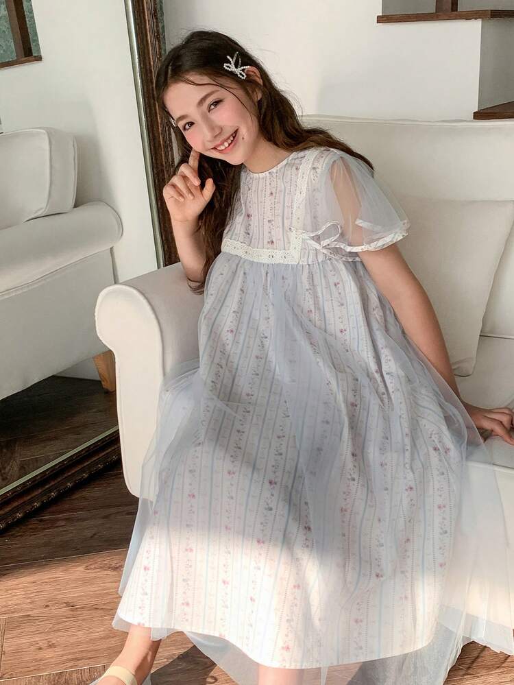 Tween Girl Ditsy Floral Round Neck Mesh Ruffle Sleeve Cute Dress Summer