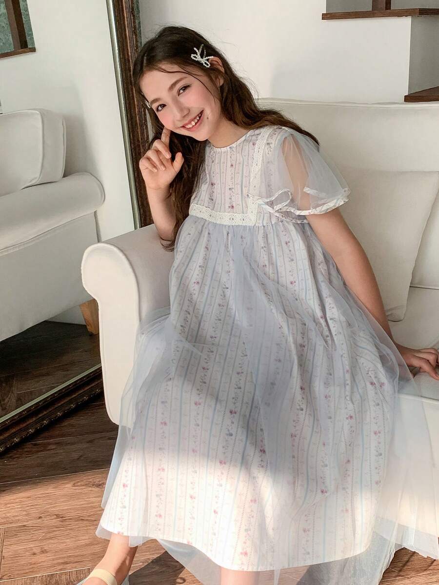 DAZY 少女碎花圆领网纱荷叶袖可爱连衣裙 - 彩色 - 查看 1