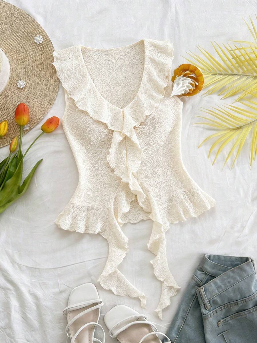 Franclia 提花针织修身优雅街头日常女式背心蕾丝上衣白色蕾丝荷叶边上衣蕾丝面料褶边上衣白色上衣荷叶边上衣奶油色女式上衣夏季上衣女式针织上衣夏季可爱上衣女式夏季上衣蕾丝上衣荷叶边衬衫女式上衣 - 杏色 - 查看 1