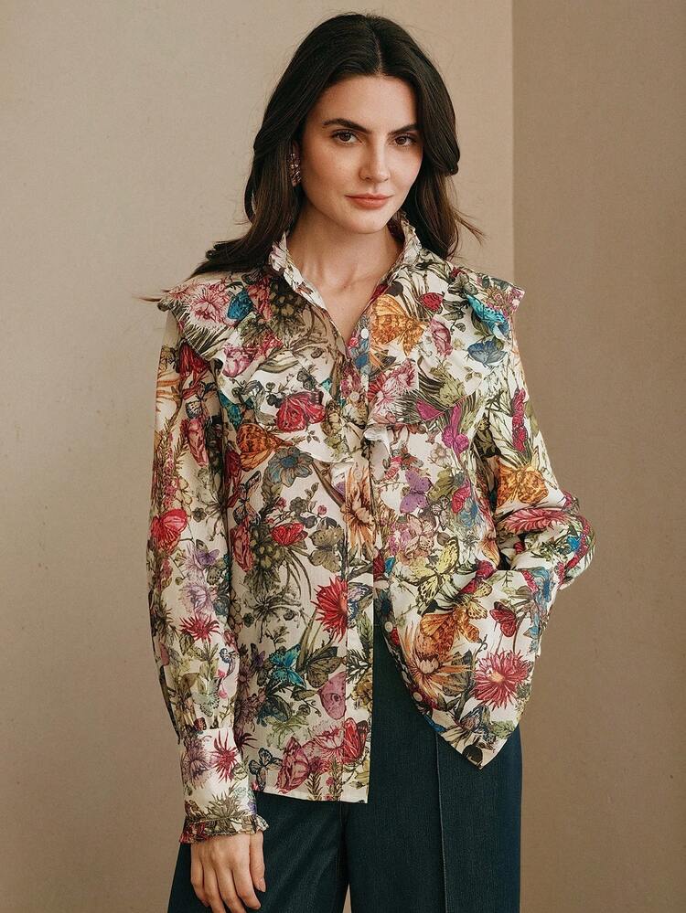 Spring/Summer New Arrival Elegant Floral & Butterfly Print Stand Collar Ruffle Trim Long Sleeve Women Blouse Flower Shirt Flower Print Top