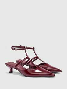 CUCCOO BIZCHIC 女士新款尖头漆皮酒红色极简T字带闭趾凉鞋，优雅高跟鞋，适合通勤、日常穿着和约会 - 酒紅色 - 查看 7