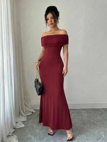 Rafferiza Fashionable Elegant Off-Shoulder Mesh Sexy Dress - Burgundy - View 3