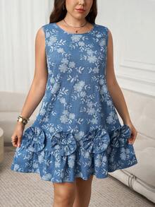 SHEIN LUNE Plus Size Women Floral Embroidery Casual Dress For Dating And Outing - Blue - View 6