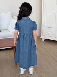 Dazy Kids Girls' Casual Turndown Collar Washed Denim Solid Color Dress, Korean Style Versatile - Blue - View 4