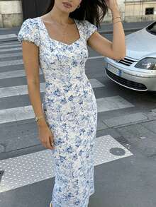 Pariaura Floral Print Sweetheart Neck Fitted Elegant Short Sleeve Dress - Multicolor - View 5