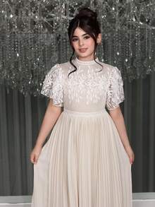 少女时尚立领褶裥连衣裙 - 杏色 - 查看 5