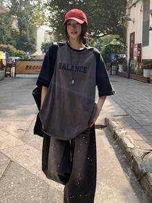 DAZY 女士圆领撞色宽松T恤，街头风图案T恤 - 灰色 - 查看 5
