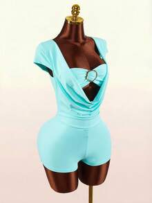 Amplova Women's Turquoise Blue Short Sleeve Jumpsuit,Seksi Chic Minimalist Y2k Summer Vacation Holiday Outfits,Solid Color Beach Wedding Party Spring Clothes - Blue - View 8
