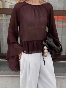 Livesso 酒红色荷叶边优雅嘉年华薄纱宽松衬衫，春季 - 酒紅色 - 查看 1