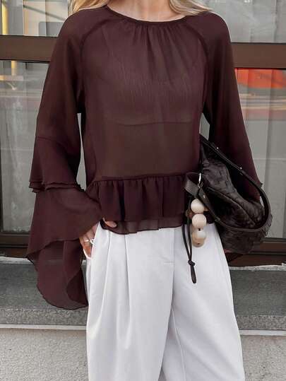 Livesso Ruffled Elegant Carnival Sheer Loose Blouse In Wine Red, Spring