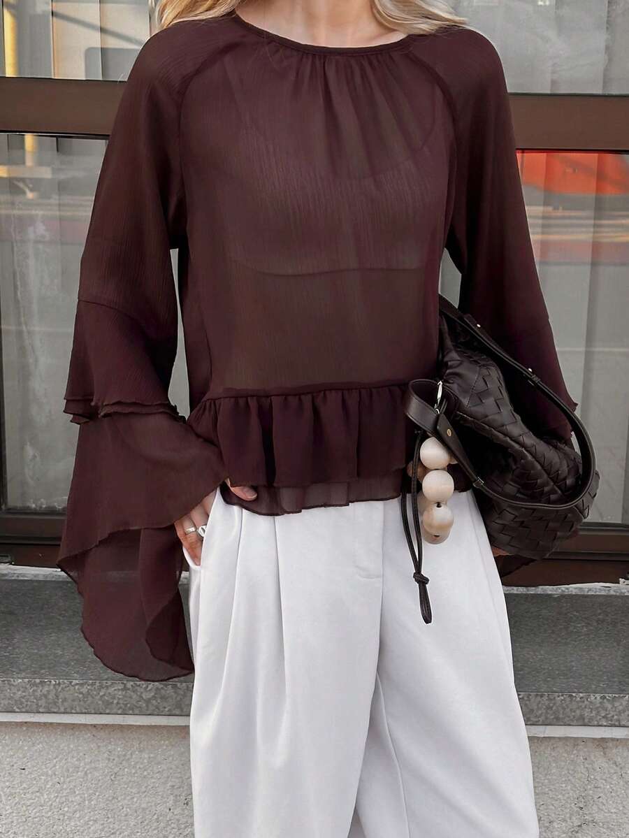 Livesso 酒红色荷叶边优雅嘉年华薄纱宽松衬衫，春季 - 酒紅色 - 查看 1