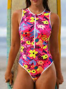 Swim SPRTY 女士亮丽花卉连体泳衣，适合海滩度假 - 玫紅色 - 查看 3