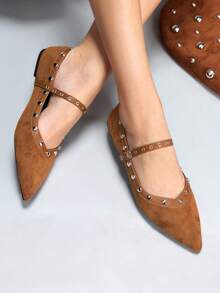 CUCCOO GRLICON Women's Rivet Decor Buckle Pointed Toe Flat Shoes - Brown - View 3